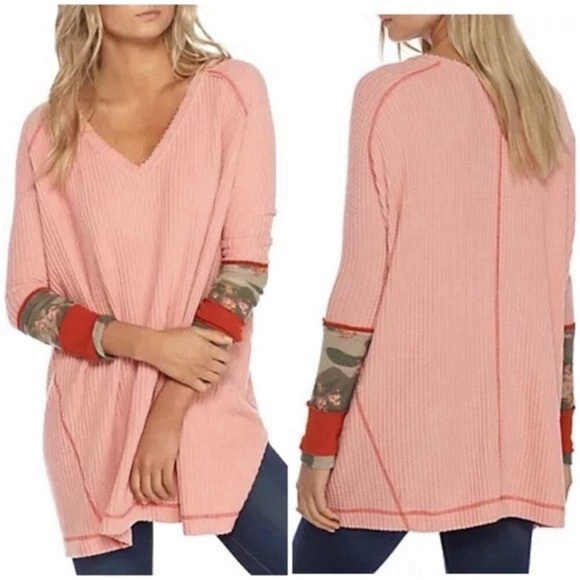 We The Free Tops - WE THE FREE Cozy thermal waffle knit leopard print cuff thermal top Orange XS